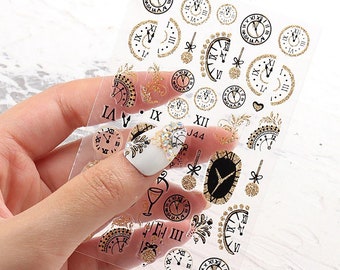 Gold Glitter New Years and Clock Design, Black Black and Gold 3D Nail Art Stickers