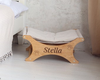 Personalized cat bed, pet bed with pillow, puppy bed, bed for a small dog, designer pet bed, wood cat hammock | made in Ukraine