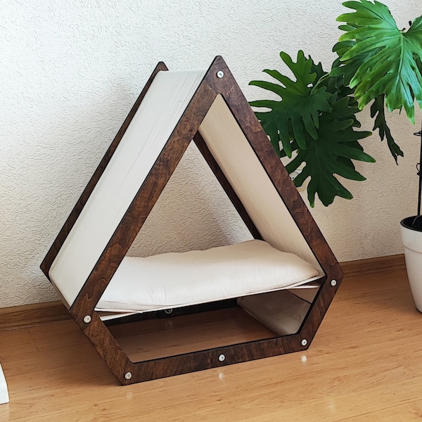 Covered cat bed, handmade cat house, raised cat bed, pet bed with pillow, puppy bed, bed for a small dog, designer pet bed, wood cat house