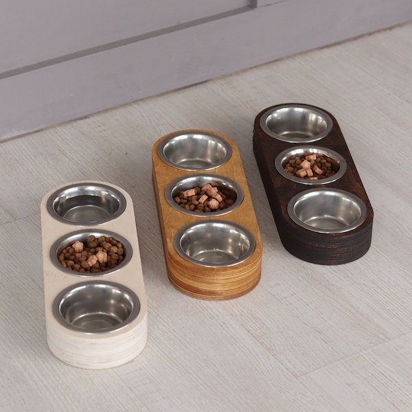 3 bowl cat feeder. Cat feeding bowls, dog food and water bowls, pets food dishes, triple raised cat bowl, pet 3 bowls | made in Ukraine