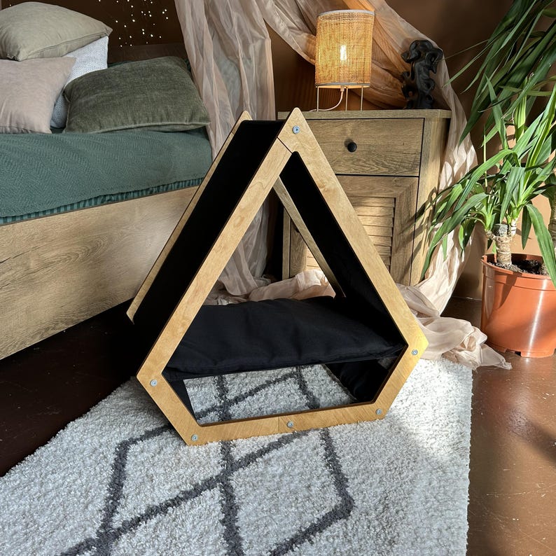 Black cat house, soft place for cats and small dogs, covered cat bed, raised pet bed, cat bed inside, cat bed with roof, indoor cat bed Oak