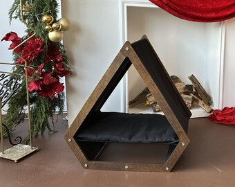 Black cat house, soft place for cats and small dogs, covered cat bed, raised pet bed, cat bed inside, cat bed with roof, indoor cat bed