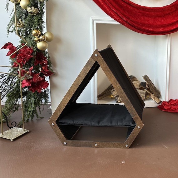 Black cat house, soft place for cats and small dogs, covered cat bed, raised pet bed, cat bed inside, cat bed with roof, indoor cat bed