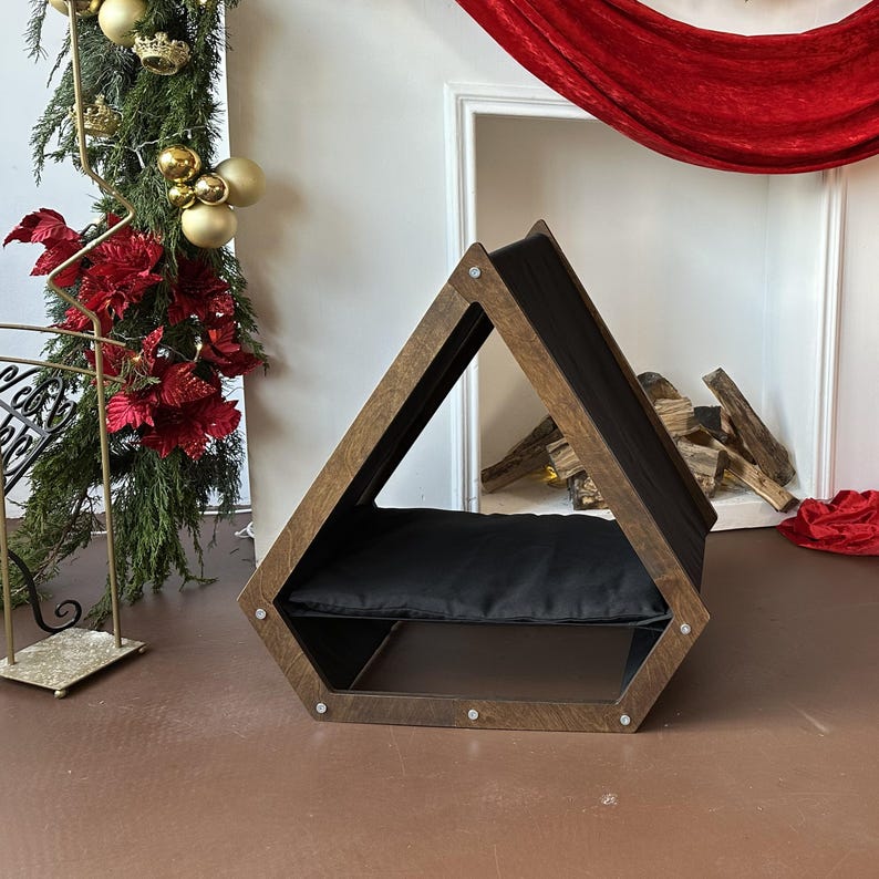 Black cat house, soft place for cats and small dogs, covered cat bed, raised pet bed, cat bed inside, cat bed with roof, indoor cat bed Palisander