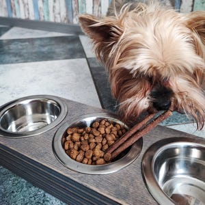 May include: A wooden dog bowl stand with three stainless steel bowls. The stand is gray and has a rustic finish. A small dog is eating from one of the bowls.