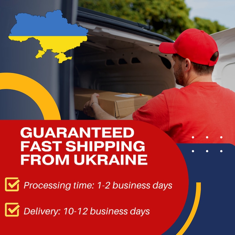 May include: A red truck with its tailgate open, a person in a red shirt and red baseball cap is loading a brown box into the truck. The truck is parked in front of a green bush. The image has text that reads "GUARANTEED FAST SHIPPING FROM UKRAINE" and includes a checkmark next to "Processing time: 1-2 business days" and "Delivery: 10-12 business days".