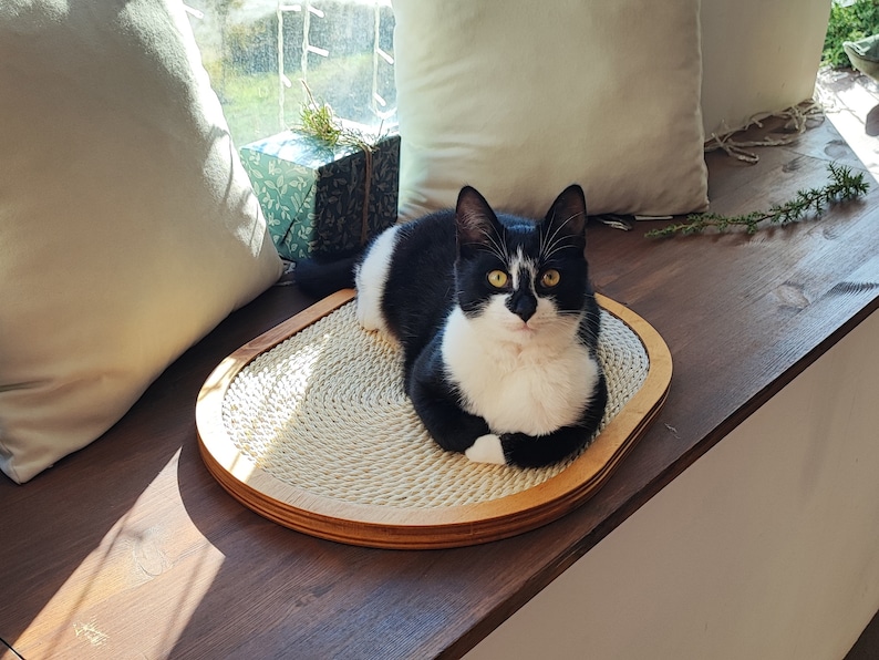 May include: A black and white cat sits on a round, natural fiber scratching post with a wooden frame. The scratching post is on a wooden surface.