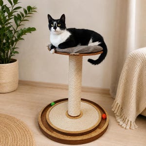 May include: A cat scratching post featuring a circular wooden base with a central sisal-wrapped pillar and a top platform covered by a grey cushion. The base includes a circular sisal scratching pad and two small colorful balls for play.