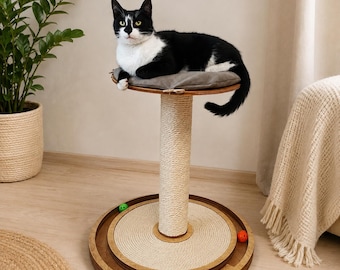Cat scratcher with toy and shelf - Christmas gift. Handmade scratching post, pet furniture, Sisal Rope, floor cat scratch, cat lover present