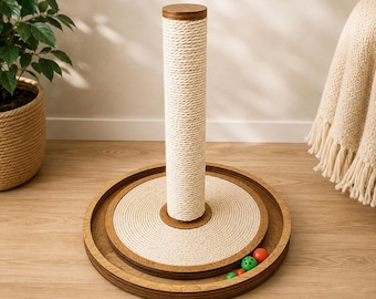 Cat scratching toy, scratcher toy with balls. Handmade scratching post, pet furniture, Sisal Rope, wooden game for cat, cat lover present