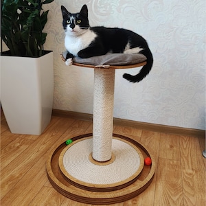 Cat scratcher with toy and shelf - Christmas gift. Handmade scratching post, pet furniture, Sisal Rope, floor cat scratch, cat lover present