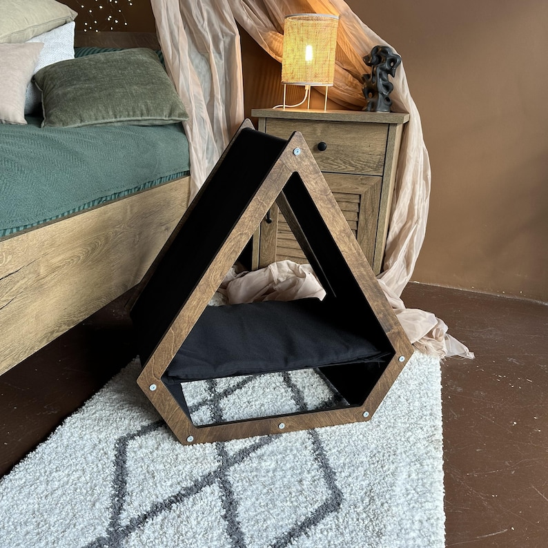 Black cat house, soft place for cats and small dogs, covered cat bed, raised pet bed, cat bed inside, cat bed with roof, indoor cat bed image 3