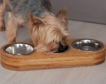 3 bowl cat feeder. Three steel bowls on a wooden stand for food and water, pet 3 bowls | made in Ukraine
