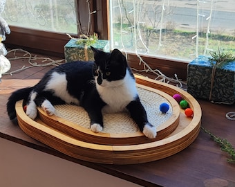 Cat toy with scratcher. Handmade wall mounted cat scratcher, pet furniture, Sisal Rope, floor cat scratching mat, cat trackball, cat lover