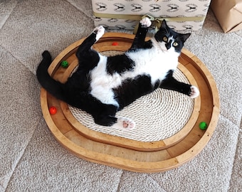 Cat toy with scratcher - Christmas gift. Handmade scratching post, pet furniture, Sisal Rope, floor cat scratching mat, cat lover present