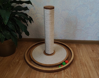 Cat scratching toy, scratcher toy with balls. Handmade scratching post, pet furniture, Sisal Rope, wooden game for cat, cat lover present