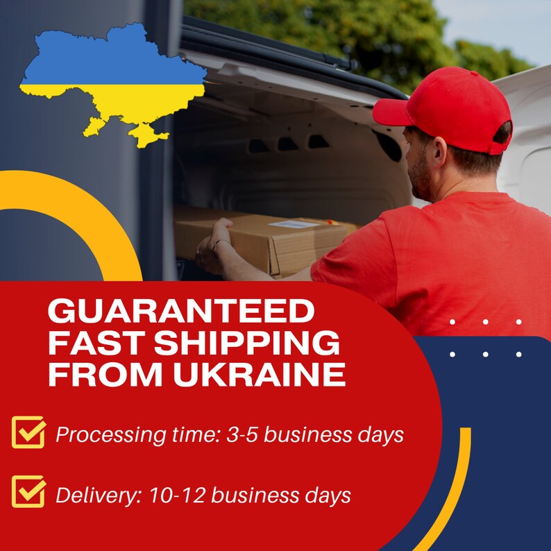 May include: A red truck with its tailgate open, a person wearing a red shirt and red baseball cap is loading a box into the truck. The text on the image says "GUARANTEED FAST SHIPPING FROM UKRAINE" and includes processing and delivery times.