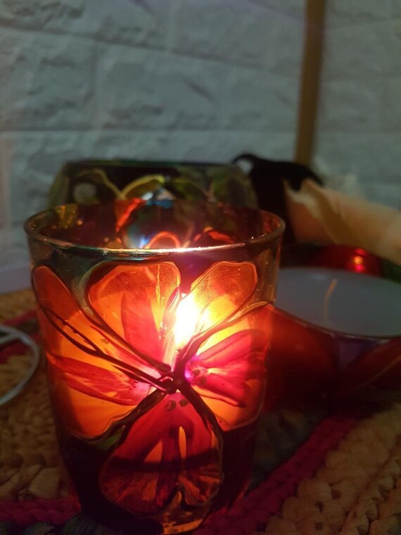 Beautiful hand painted glass candle holder Etsy