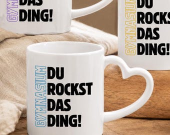 Een cadeau om je middelbare schooltijd mee te beginnen en je elke dag te motiveren. Keramische mok met een hartvormig handvat: Middelbare school - Je kunt het!