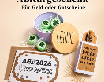 Stelle dein Geldgeschenk zum Abitur individuell zusammen. Personalisierbar und mit handgemachter Karte für deine Glückwünsche zum Abi 2026