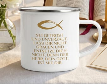 Enamel mug, gift for Confirmation/Communion. Bible verse Joshua 1:9: "Be strong and courageous." Confirmation gift.