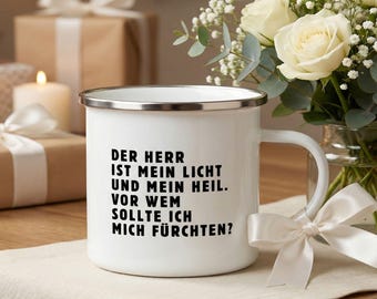 Enamel mug as a confirmation gift: Psalm 27, The Lord is my light, a communion gift that gives courage