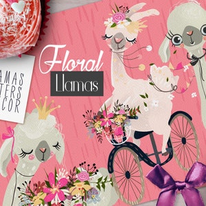 Floral Llamas Digital Clipart - llama, alpaca, cute, baby, animal, floral, flowers, art, princess, queen, vintage