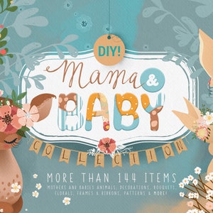 Digitale clipart collectie Mama & Baby - hert, konijn, bos, hond, kat, bloemen, rustiek, vintage, dier