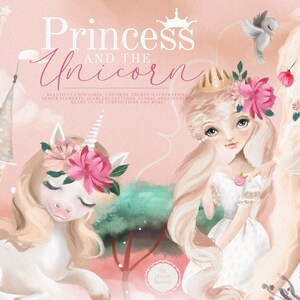 Princesa y el unicornio: princesa, unicornio, niña, hada, cuento de hadas, cuento, castillo, álbum de recortes, clipart, lindo, reina, acuarela, planificador