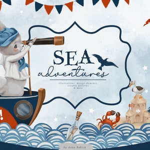 Sea Adventures - zee, schattig, dier, konijn, vos, zee, avonturen, aquarel, scrapbooking, matroos, jongen, water, verjaardag