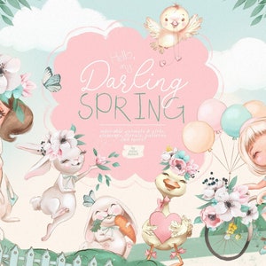 Querida primavera: Pascua, animales, lindo, acuarela, niña, primavera, clipart, scrapbooking, conejito, patito, digital, decoración, creador