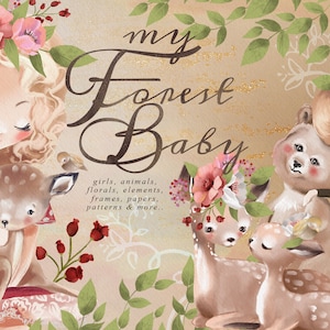 My Forest Baby - forêt, animal, mignon, bébé, fille, forêt, princesse, fleurs, cerf, lapin, renard, enchanté, mère et bébé, scrapbooking