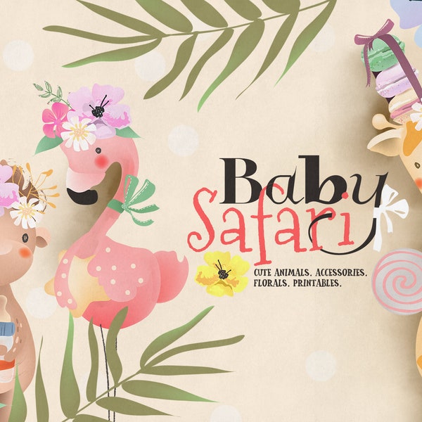 Baby Safari Collection Digital Clipart - safari, animal, bébé, mignon, floral, fleurs, macarons, cadre, vintage, zèbre, flamant rose