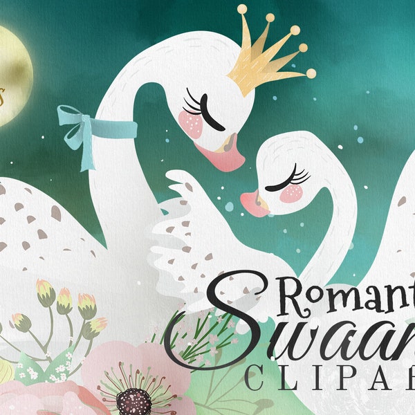 Romantic Swans Digital Clipart - swan, princess, queen, girl, cute, animal, vintage, flowers, romantic