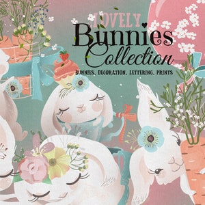 Colección de adorables conejitos, imágenes prediseñadas digitales: conejito, lindo, Pascua, imágenes prediseñadas, bebé, animal, floral, flores, vintage
