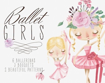 May include: Three watercolor illustrations of ballerinas with pink tutus and floral headbands. The text "Ballet Girls" is at the top of the image. The text "6 Ballerinas, 3 Bouquets, 2 Beautiful Patterns" is at the bottom of the image.