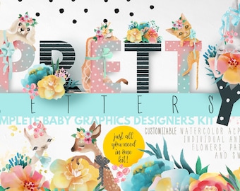 Pretty Letters - Baby Designers Kit - watercolor, clipart, animal, cute, llama, deer, bunny, font, alphabet, floral, scrapbooking, graphics