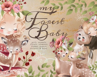 My Forest Baby - bosco, animale, carino, bambino, ragazza, foresta, principessa, fiori, cervo, coniglio, volpe, incantato, mamma e bambino, scrapbooking