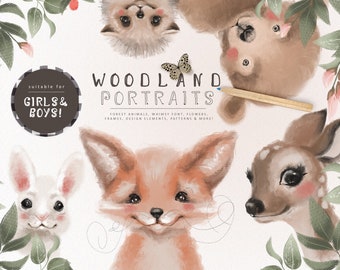 Woodland Portraits - animals, forest, cute, watercolor, scrapbooking, nursery, floral, deer, bunny, fox, bear, baby, girl, boy, nursery