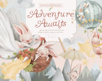 Adventure Awaits - woodland, animals, boys, vehicle, bunny, fox, bear, cute, scrapbooking, watercolor, kids, clipart, printable