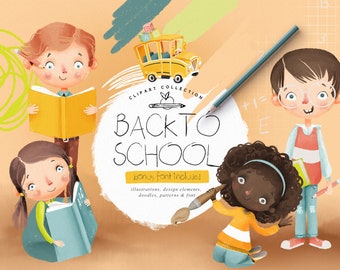 Back to School - school, clipart, boy, girl, cute, clipart, scrabooking, planner, nursery art, pattern, kids, college, student, stickers