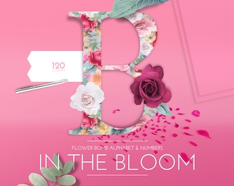 In The Bloom - floral, alphabet, font, flowers, rose, peony, feminine, letters, wedding, modern, botanic, scrapbooking, logo, branding