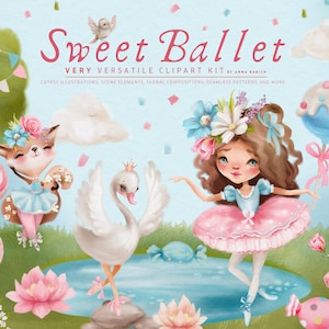 Ballet dulce: bailarina, ballet, ciervo, conejito, zorro, lago de los cisnes, animal del bosque, bosque lindo, princesa, acuarela, clipart de niña, álbum de recortes