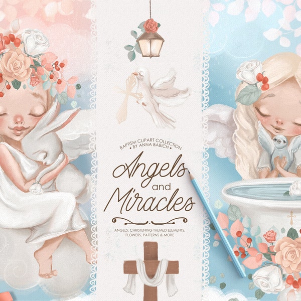Angels & Miracles - baptism, christening, holy bible, angel, catholic, religious, clipart, scrapbooking, planner, easter, cute, watercolor
