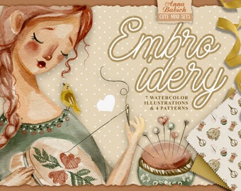 Embroidery - girl, embroidery, clipart, needlework, watercolor, hobby, sublimation, planner, kitten, work, vintage, fancywork