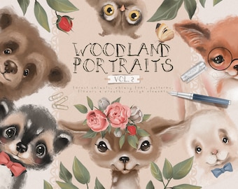 Ritratti nel bosco - animali, foresta, carino, acquerello, scrapbooking, vivaio, floreale, cervo, coniglio, volpe, orso, bambino, bambina, bambino, vivaio