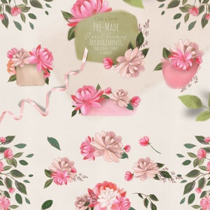 Puede incluir: Un conjunto de marcos florales prefabricados, arreglos, flores individuales y esquinas. Las flores son rosas y blancas con hojas verdes. El texto "Click & Scroll" y "Pre-Made Floral Frames, Arrangements, Individual Flowers & Corners" est&aacute; sobre un fondo verde.