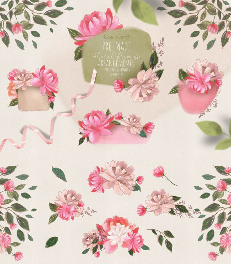 Puede incluir: Un conjunto de marcos florales prefabricados, arreglos, flores individuales y esquinas. Las flores son rosas y blancas con hojas verdes. El texto "Click & Scroll" y "Pre-Made Floral Frames, Arrangements, Individual Flowers & Corners" est&aacute; sobre un fondo verde.