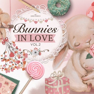 Bunnies In Love Clipart - bunny, cute, easter, clipart, baby, animal, floral, flowers, sublimation, valentine, scrapbooking, watercolor