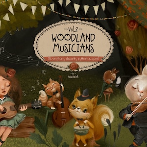 Woodland Musicians Vol. 2 - dieren, bos, bos, muziek, muzikant, schattig, aquarel, scrapbooking, hert, konijn, vos, beer, meisje, jongen